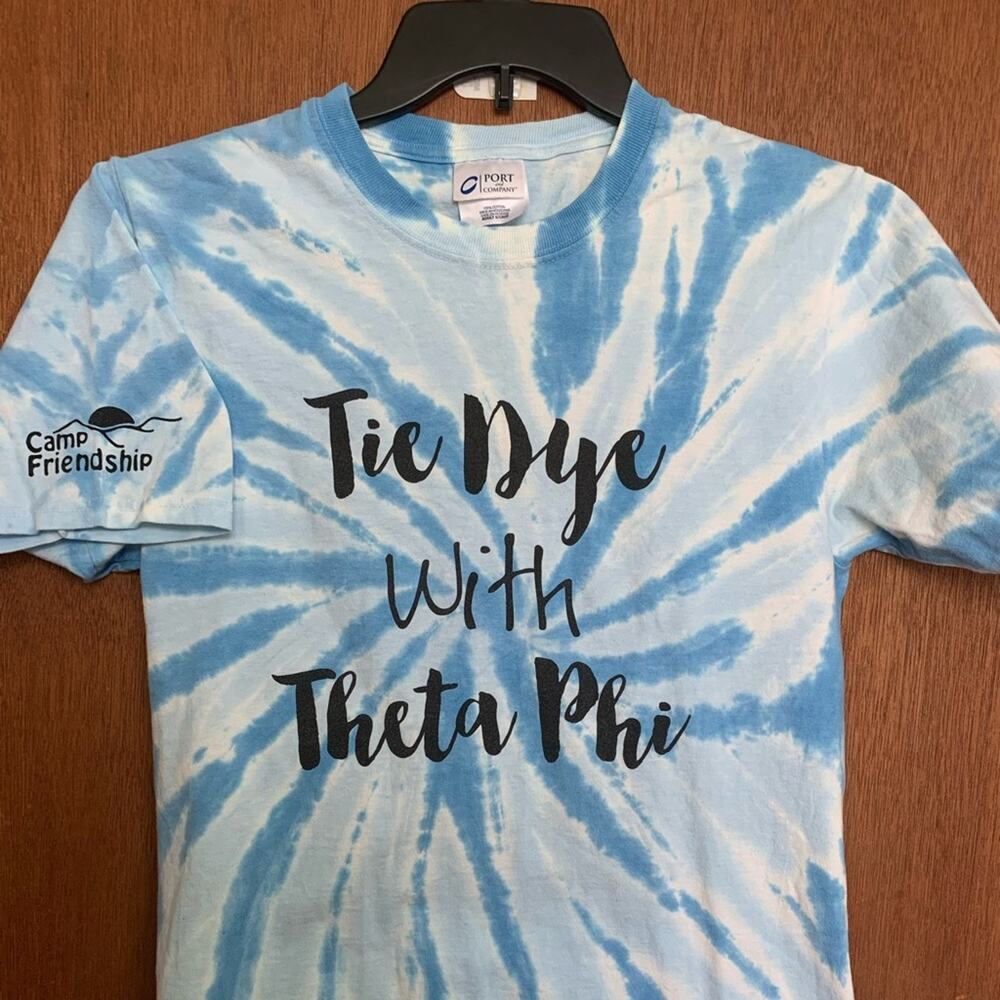 Theta Phi Alpha Tie Dye Blue and White Short Sleeve T-Shirt Size Small EUC